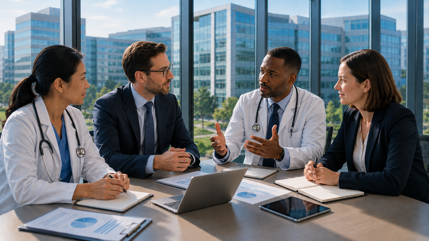 Pediatric physicians and business leaders discussing economic strategy with a hospital campus in the background